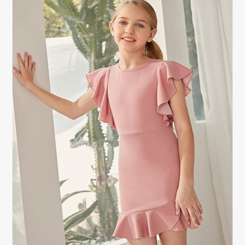 Shein Kids Cute Ruffle Hem Short Sleeve High Waist Mini Dress Pink Salmon Sz 7
